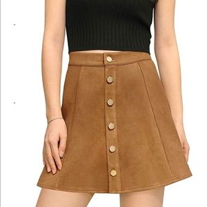 Tan Faux Suede Button A-line Skirt